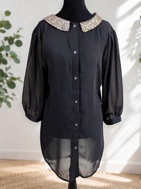BKE Red Sheer Tunic Blouse Size L Black Gold Sequin Collar Hi Low Top